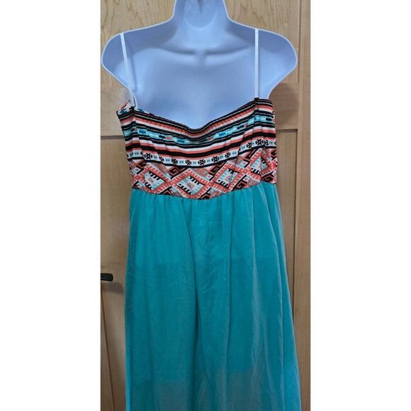Tribal Print & Teal High-Low Chiffon Dress With Spaghetti Straps By Deb - Small - Picture 5 of 7